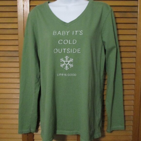 Life Is Good long sleeve top, sage green, V neck soft cotton & stretchy size L - Picture 1 of 8